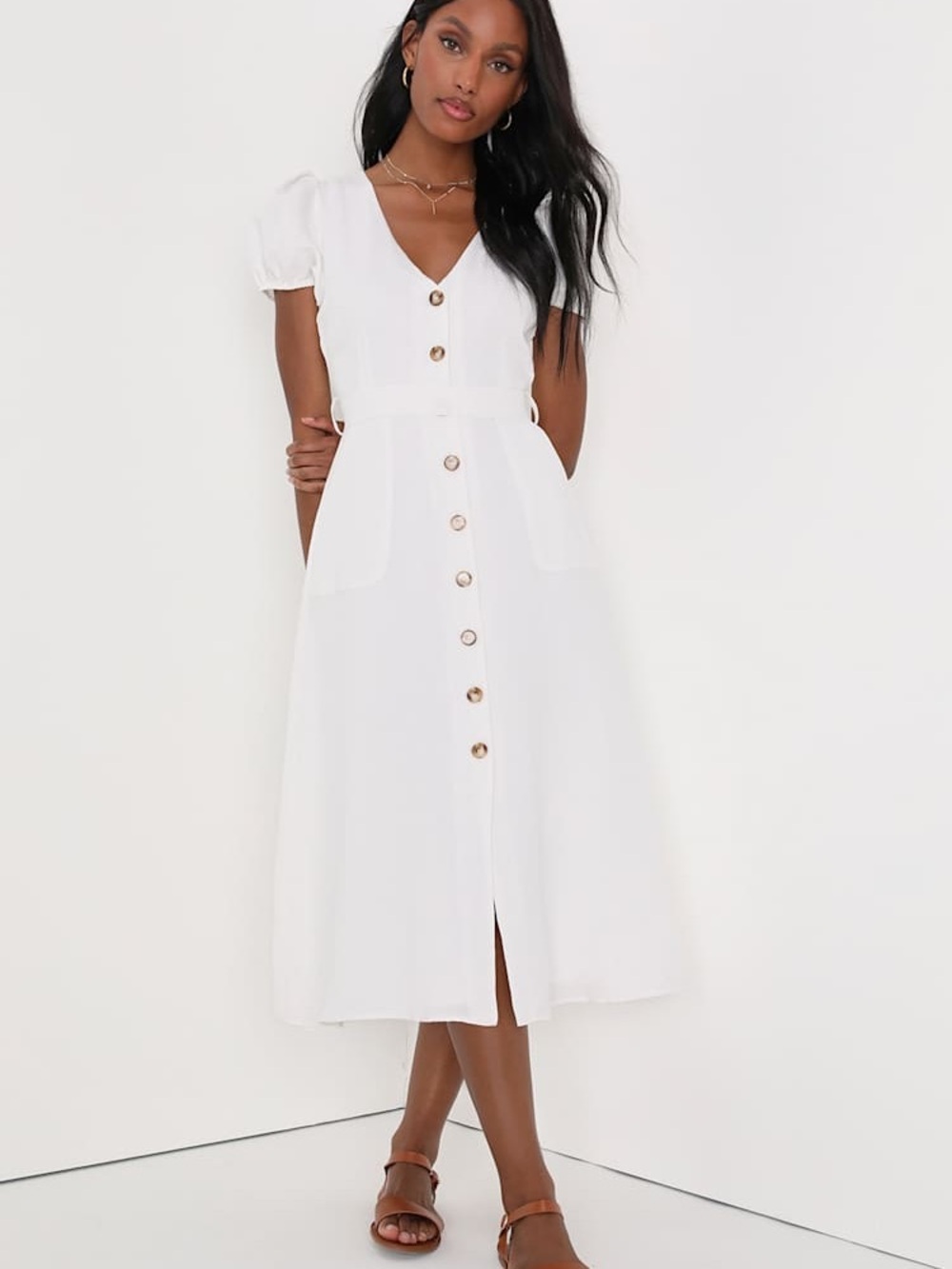 Lulu's White Button-Front V-Neck Midi Dress with Puff Sleeves